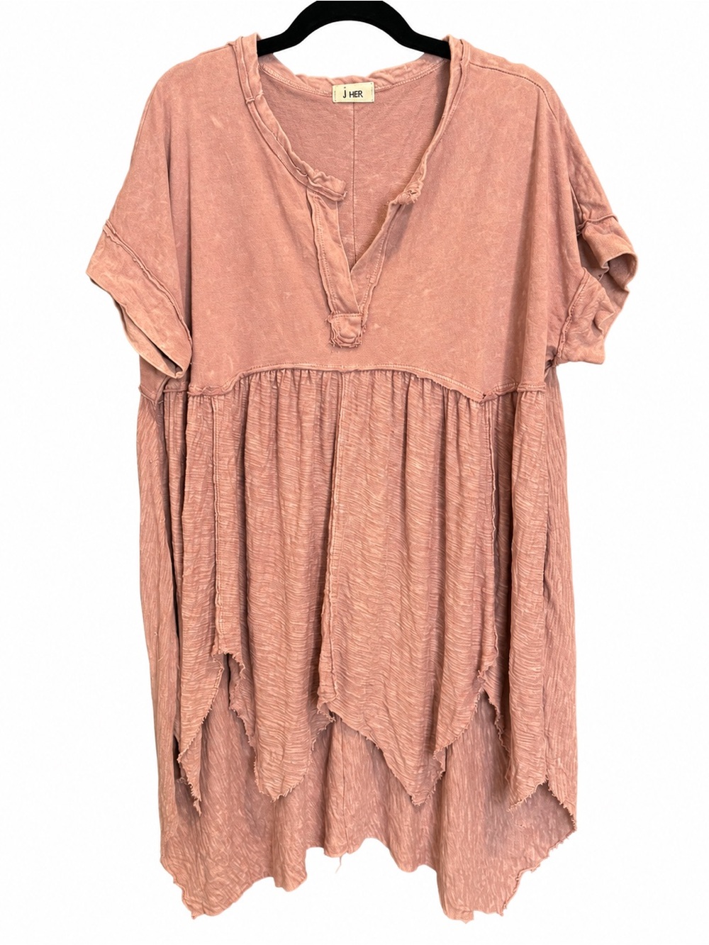 J. Her Mineral Washed Rose Short Sleeve Handkerchief Hem Oversized Tunic